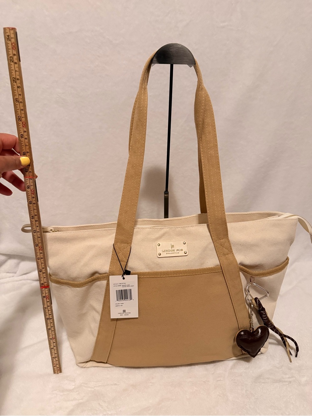 London Fog Canvas Tote Bag in Cream and Tan - Picture 2 of 14